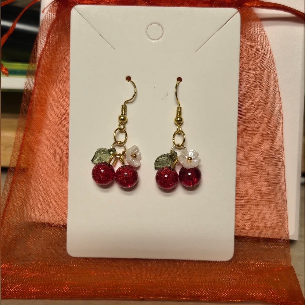 Handmade Gold Cherry Flower Dangle Earrings In Red Gift Bag